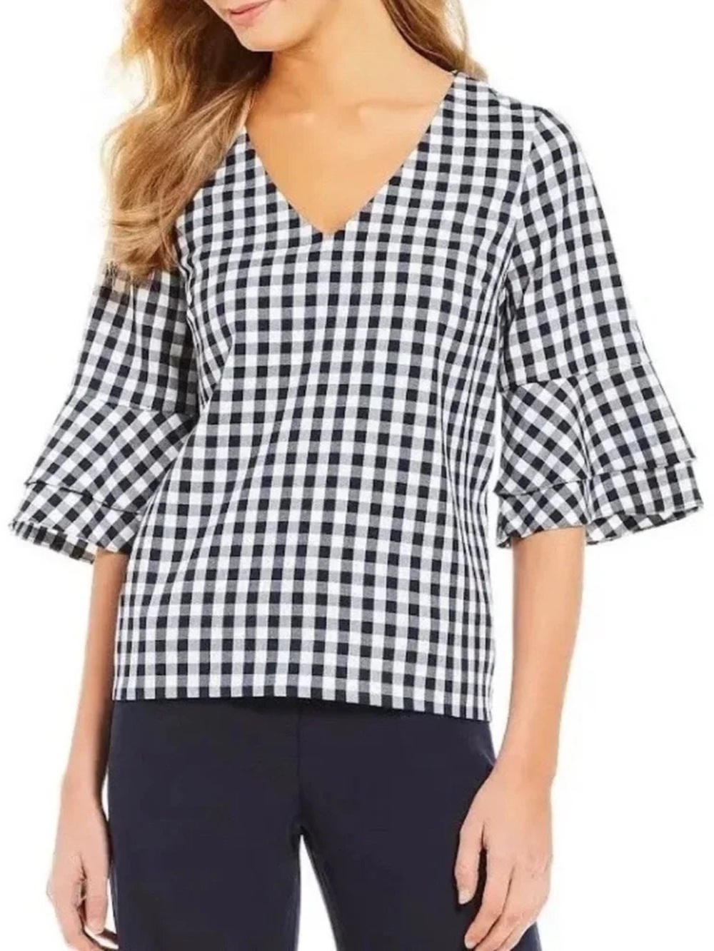 Draper James Navy/White Gingham V-Neck Blouse w/Bell Sleeves Southern Preppy